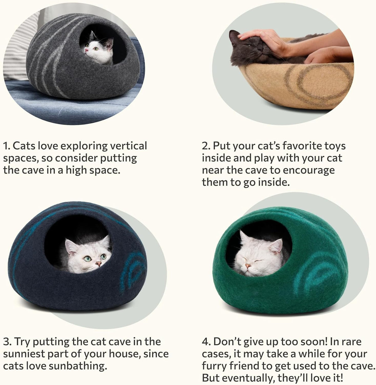 Cat cave with cats inside, instructions on how to use it, and a person petting a cat near the cave.