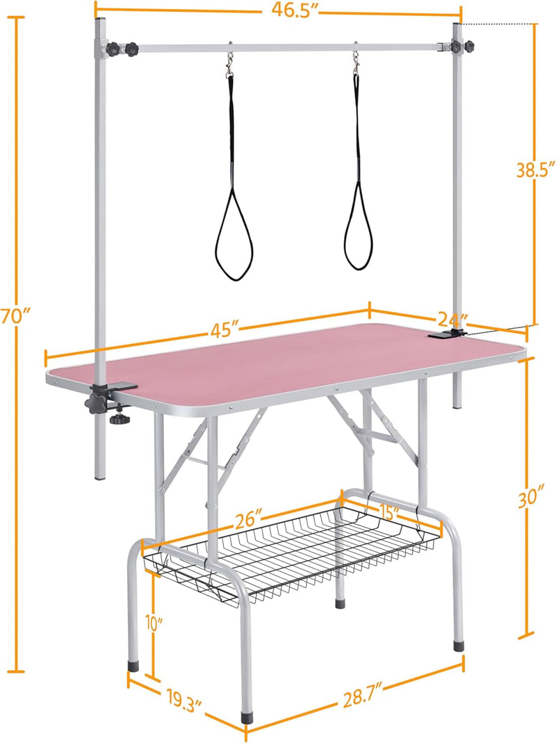 Yaheetech 46" Large Dog Grooming Table - Foldable, Height-Adjustable Portable Table with Arm, Noose & Storage Tray- 265 Lb Capacity - Pink