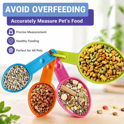 Stackable pet food measuring scoops in four sizes