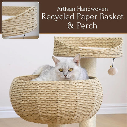 Cat sitting in a woven basket with a perch, labeled 'Artisan Handwoven Recycled Paper Basket & Perch'.