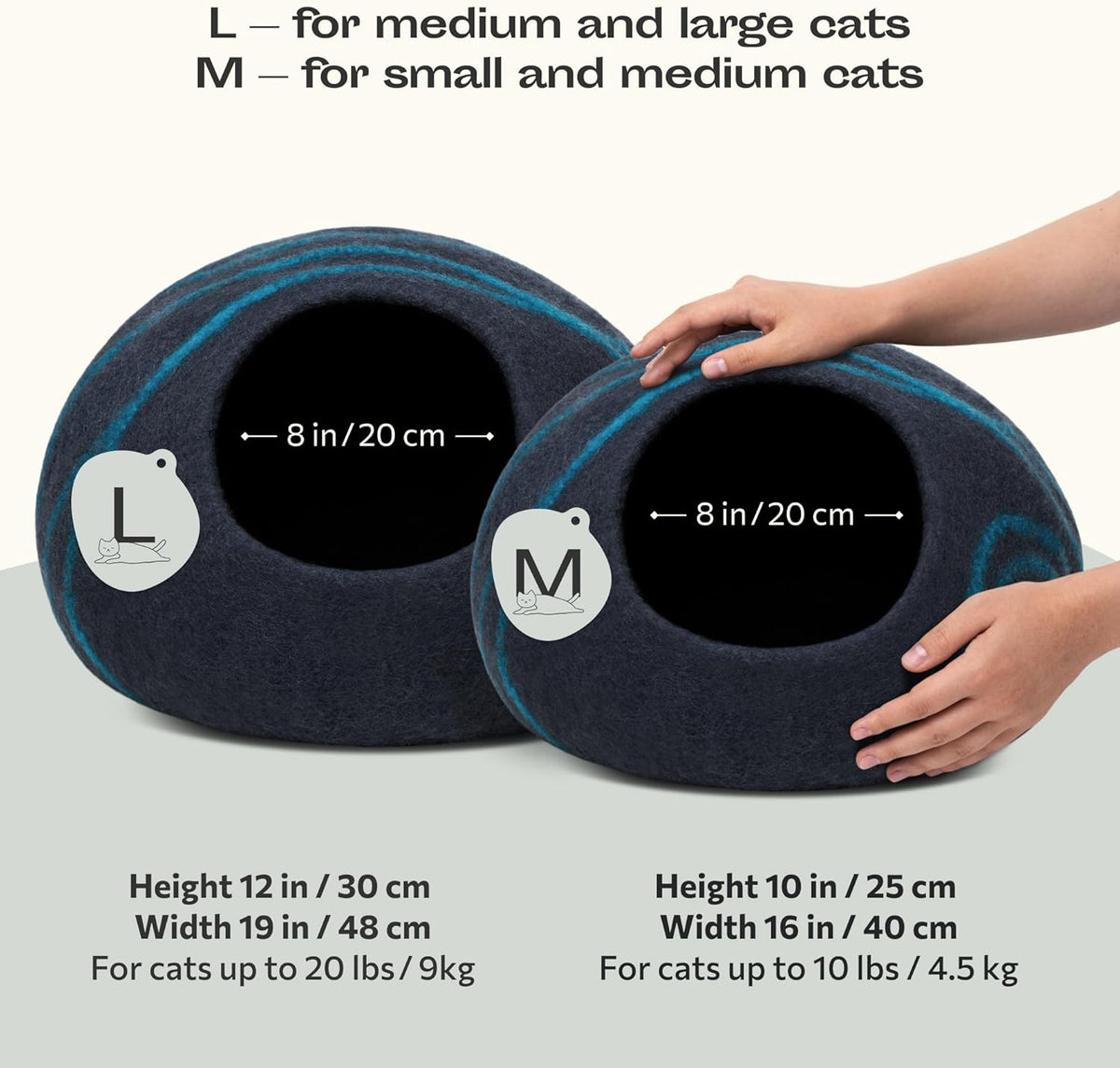 Two cat beds labeled L and M with dimensions and weight capacity for cats.