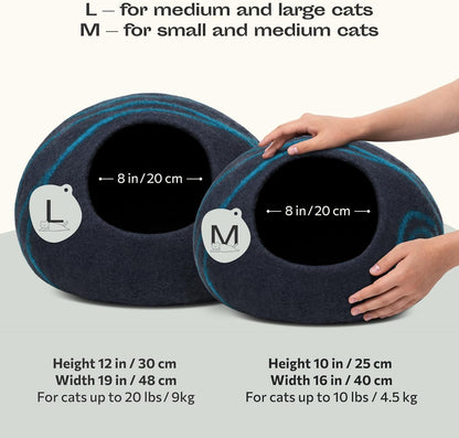 Two cat beds labeled L and M with dimensions and weight capacity for cats.