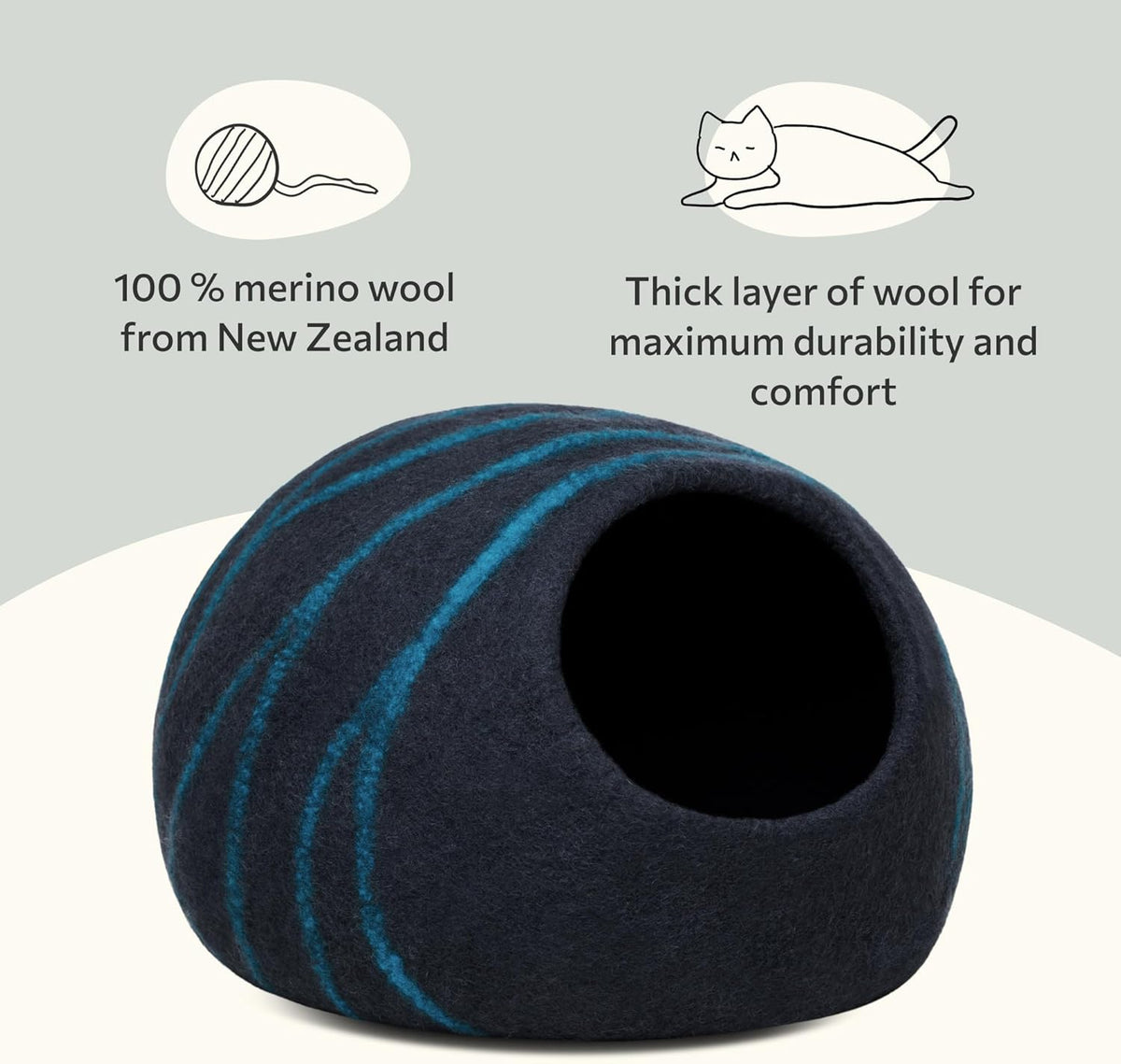 Black and Aqua woolen cat bed with text about New Zealand merino wool and durability.