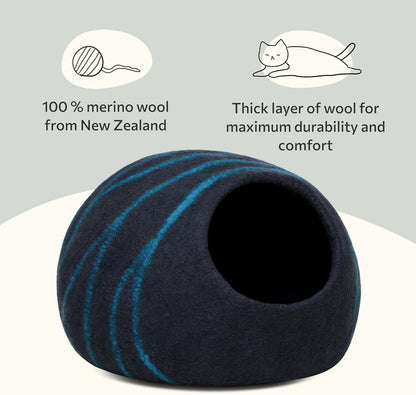 Black and Aqua woolen cat bed with text about New Zealand merino wool and durability.