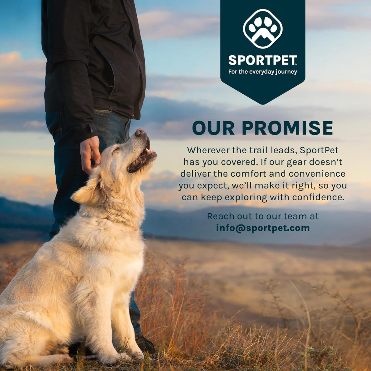 Dog sitting on a trail with a person, promotional text for SportPet, and their logo.