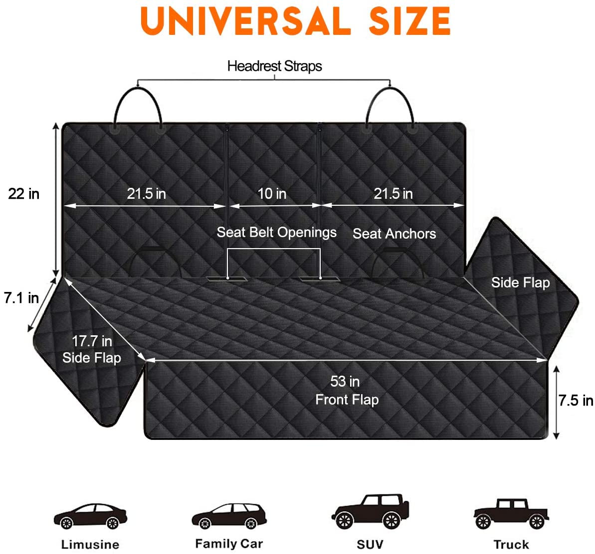 Measurement chart of a black car seat cover with dimensions and features labeled.