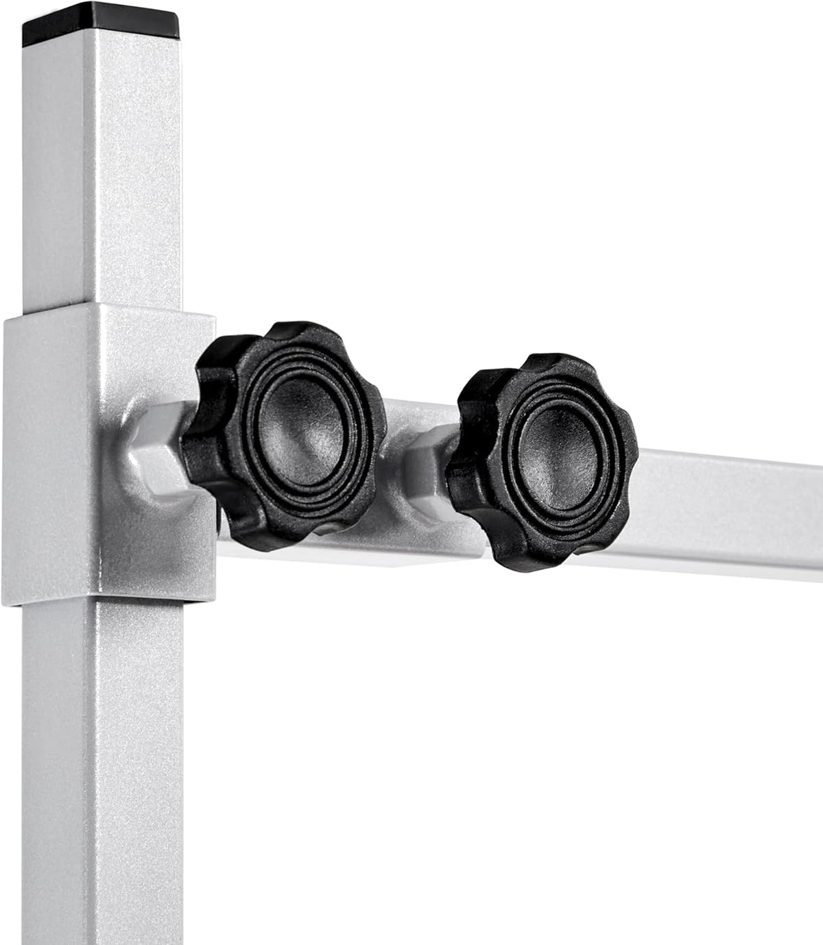 Metal stand with two black adjustable knobs on a white background