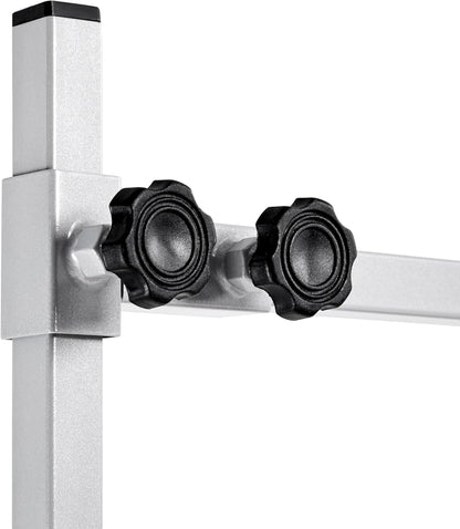 Metal stand with two black adjustable knobs on a white background