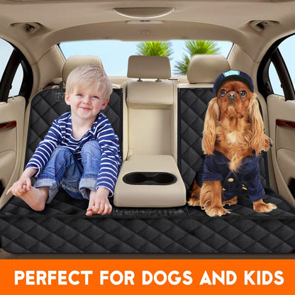Child and dog sitting on a car seat cover with text 'Perfect for Dogs and Kids'.