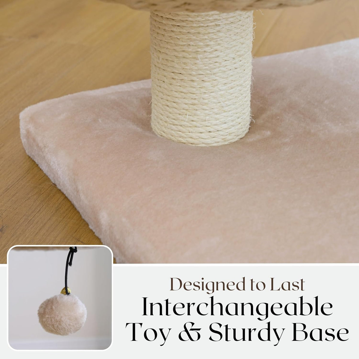 Cat tree with sisal-covered post and plush platform on a wooden floor, featuring text about interchangeability.