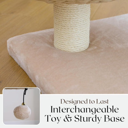 Cat tree with sisal-covered post and plush platform on a wooden floor, featuring text about interchangeability.