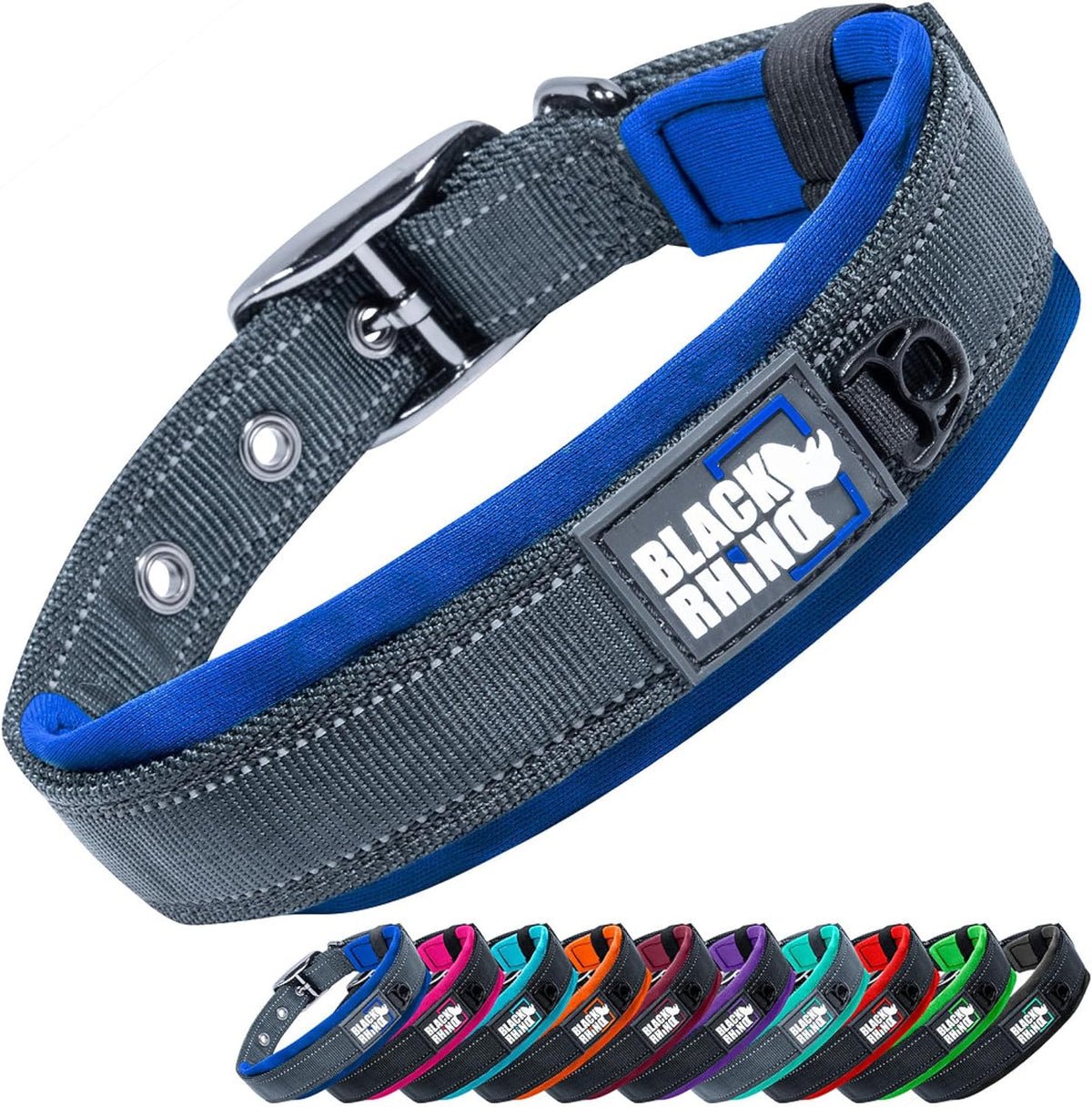 A wide gray and blue dog collar with a black buckle and a black brand patch reading BLACK RUMID, shown on a white background with smaller color variants lined up at the bottom.