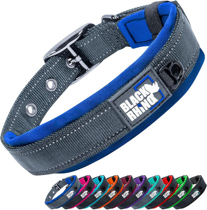 A wide gray and blue dog collar with a black buckle and a black brand patch reading BLACK RUMID, shown on a white background with smaller color variants lined up at the bottom.