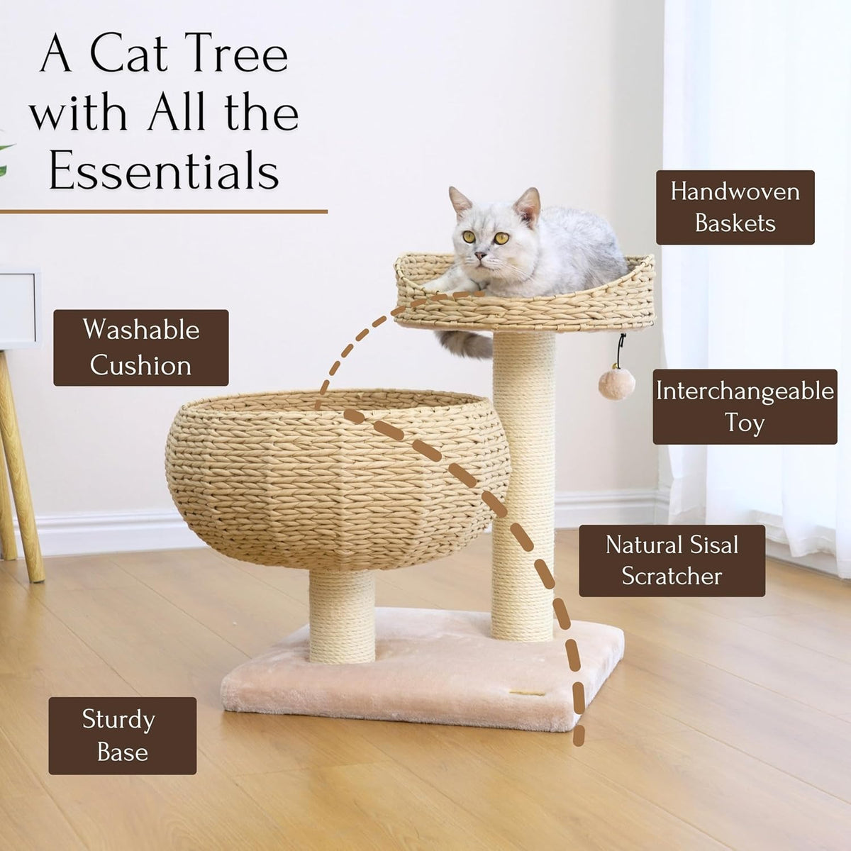 Cat tree with features highlighted on a light wood floor.