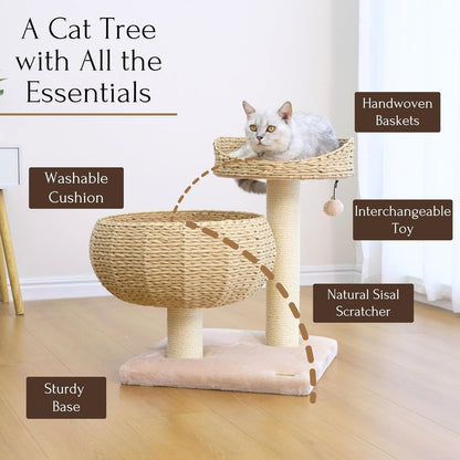 Cat tree with features highlighted on a light wood floor.