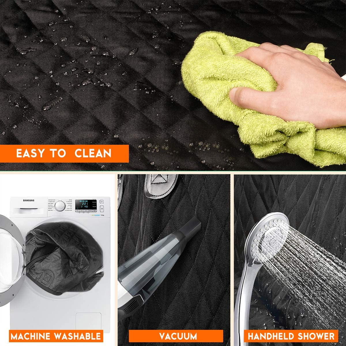 Collage of a black quilted surface being cleaned with a green towel, machine washing, vacuuming, and showering.