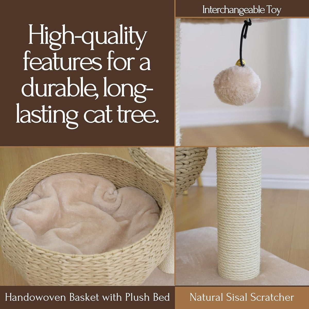 Cat tree with handwoven basket, plush bed, and sisal scratcher with text about durability.
