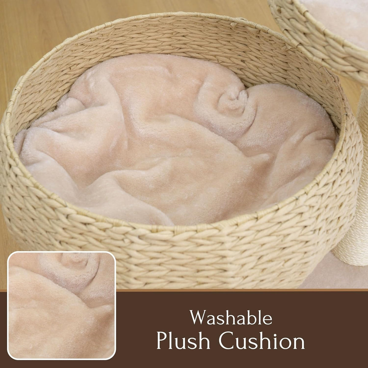 Washable plush cushion in a woven basket with close-up inset and text 'Washable Plush Cushion'.