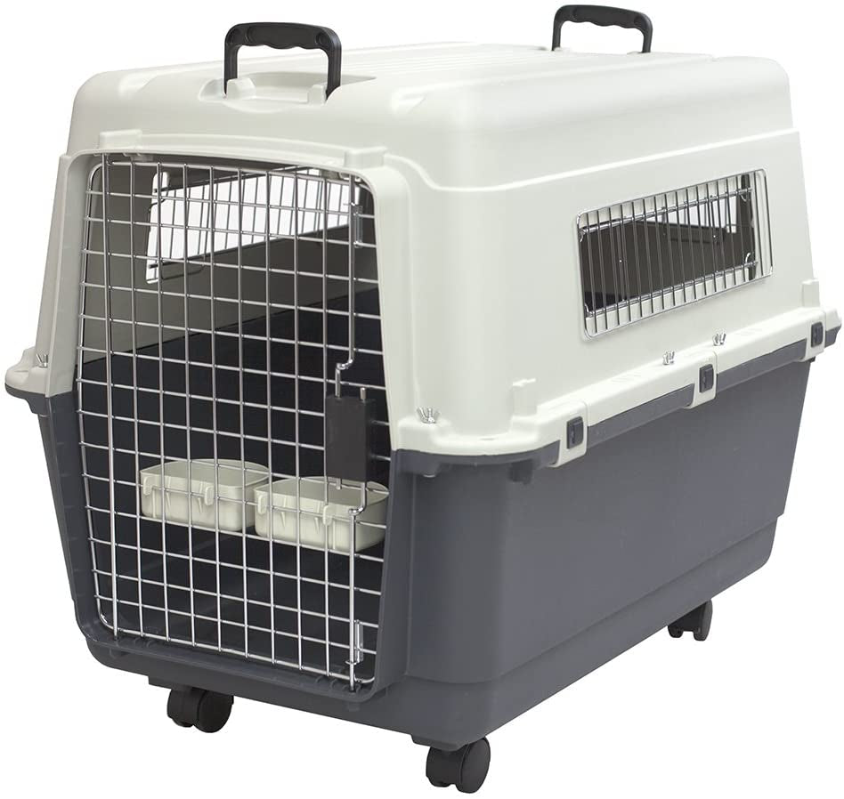Pet carrier with a white top and gray bottom on a white background