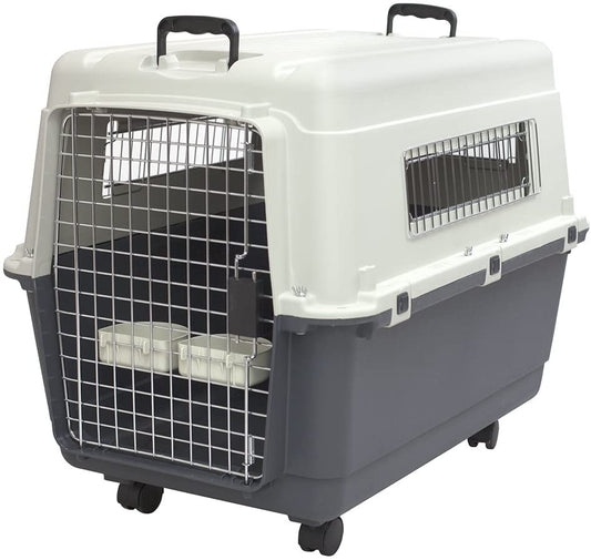 Pet carrier with a white top and gray bottom on a white background
