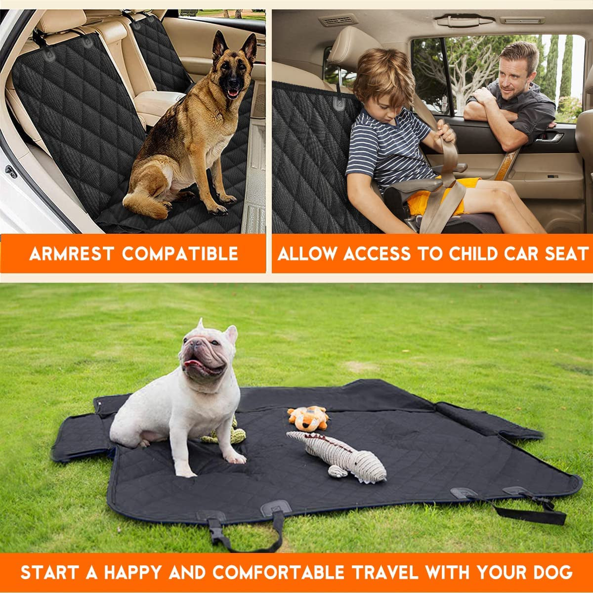 Dog car seat cover with text highlighting features and usage scenarios.