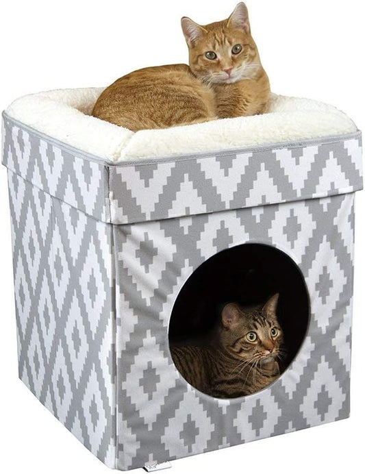 White 2-in-1 folding cat cube bed and ottoman