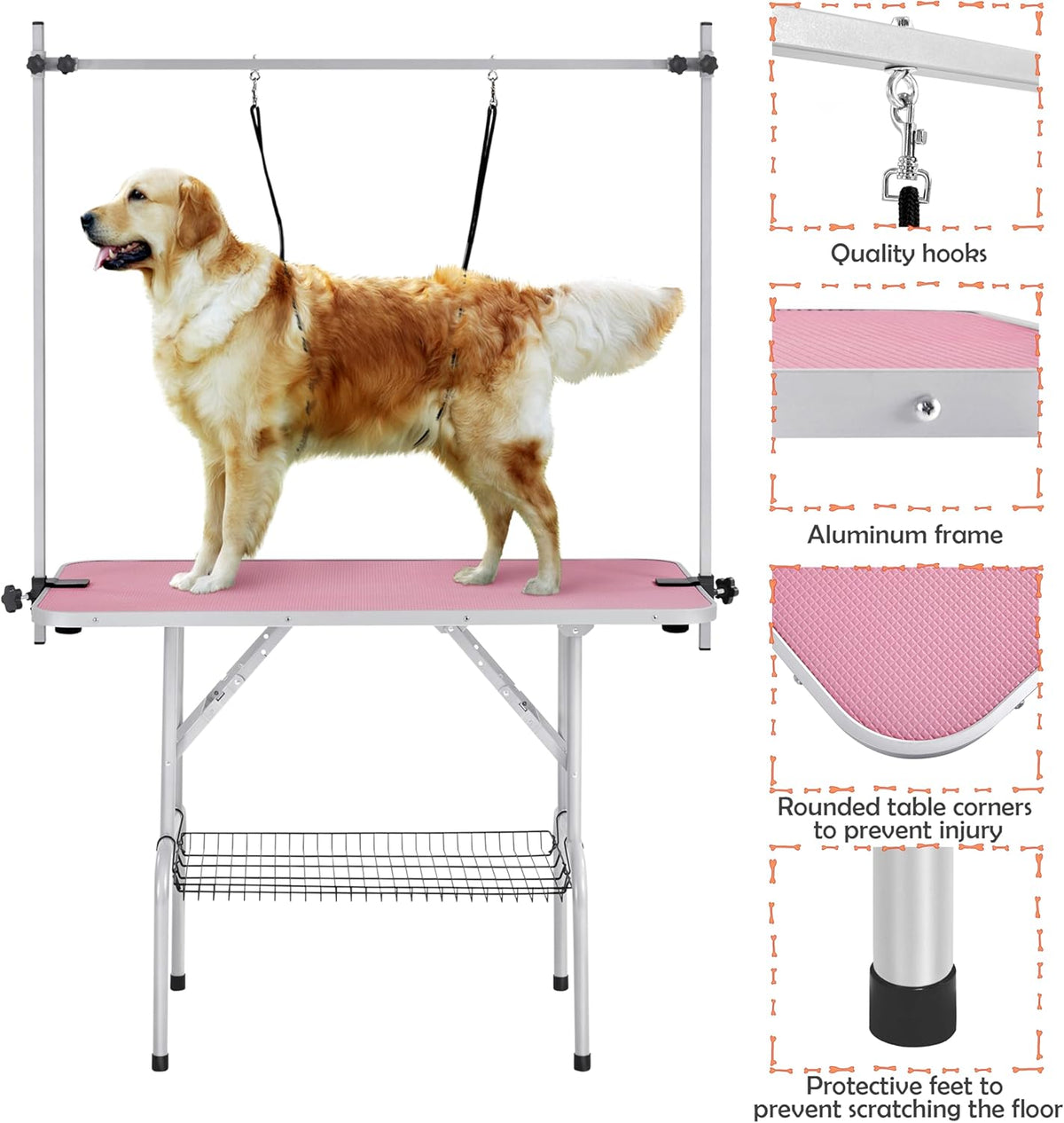 Pink dog grooming table with two grooming nooses
