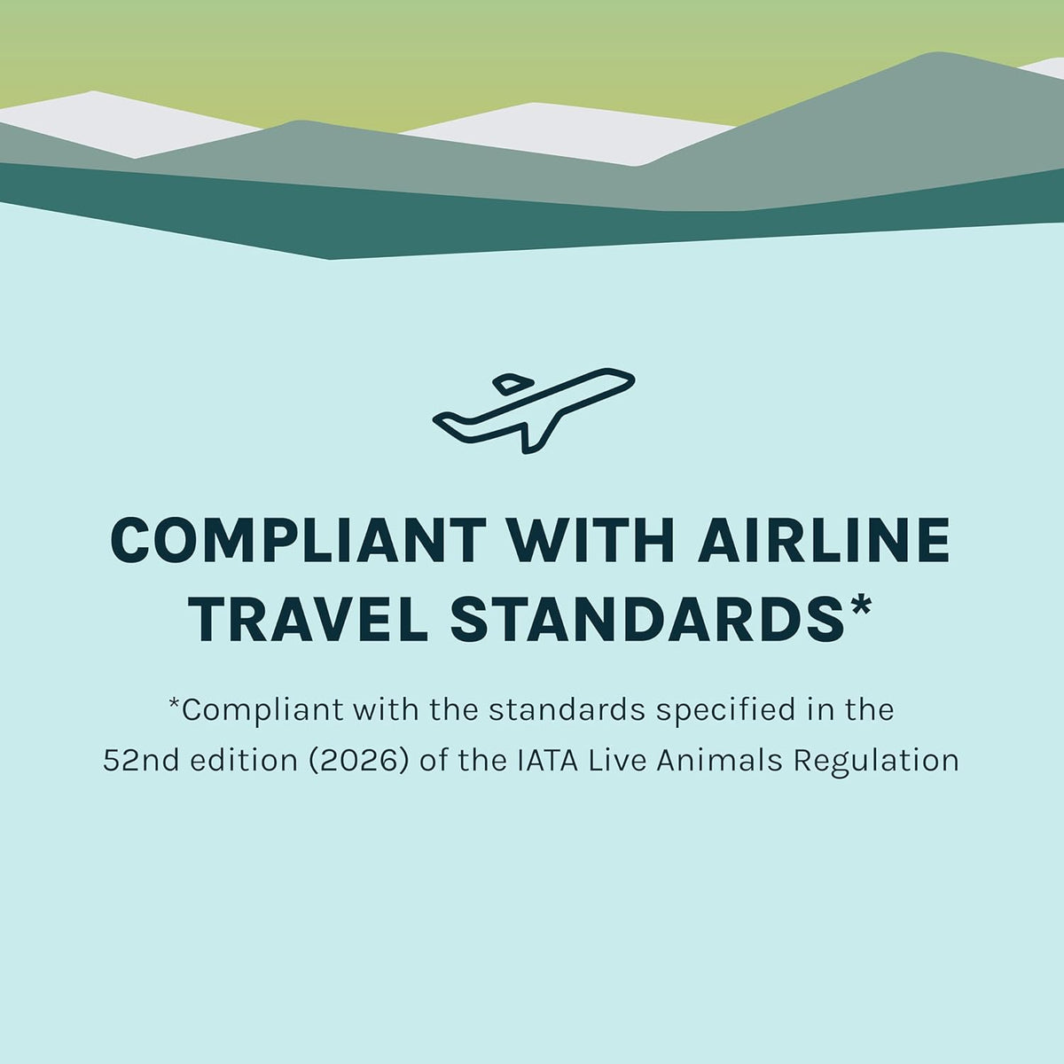 Mountain landscape with airplane icon and text about airline travel standards compliance.