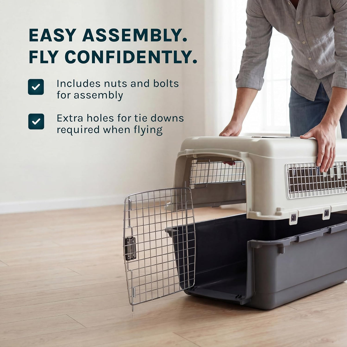 Person assembling a pet carrier with text highlighting assembly ease and features.