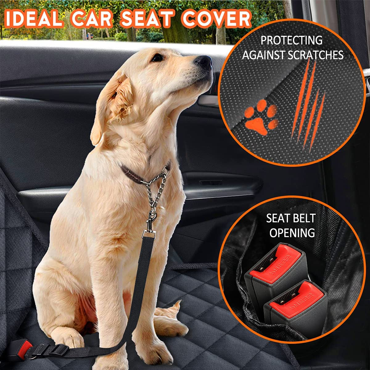 Dog sitting on a car seat with an ideal car seat cover, highlighting features like protecting against scratches and seat belt opening.