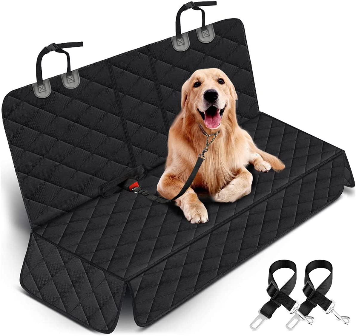 Dog sitting on a black car seat cover with straps on a white background