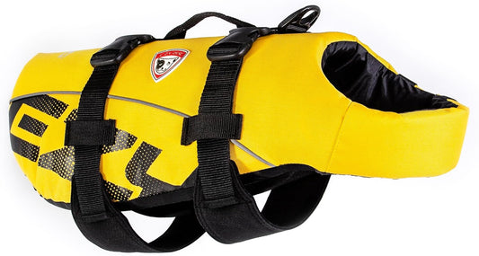 Yellow dog life jacket with black straps on a white background