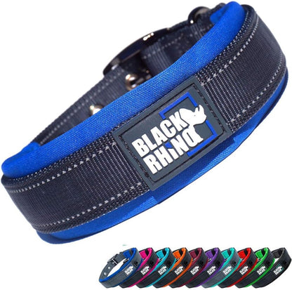 Blue dog collar with Black Rhino logo on a white background