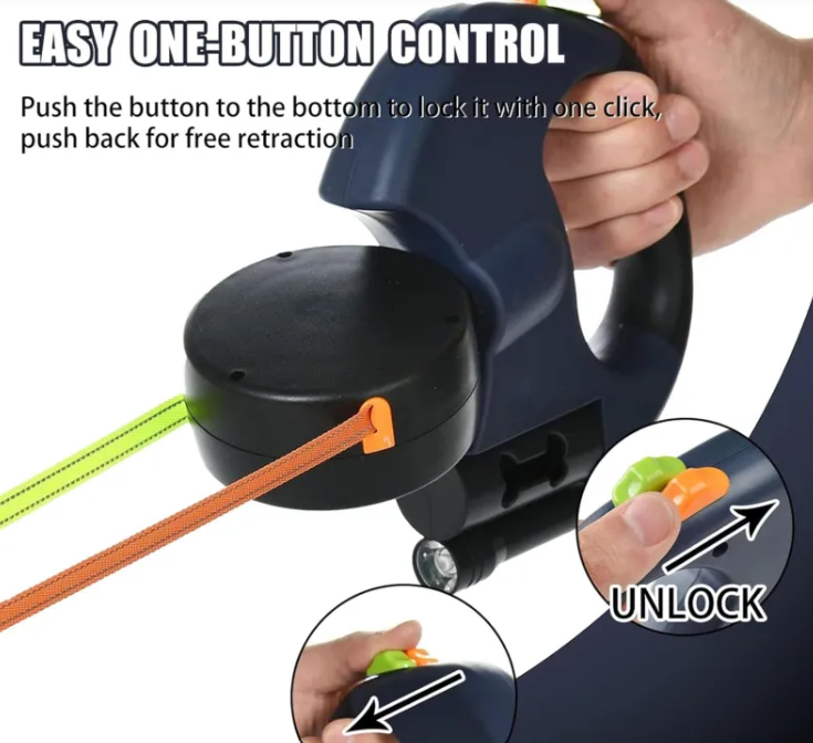 Two-Dog Retractable Leash with Independent Braking and Night Safety Lights