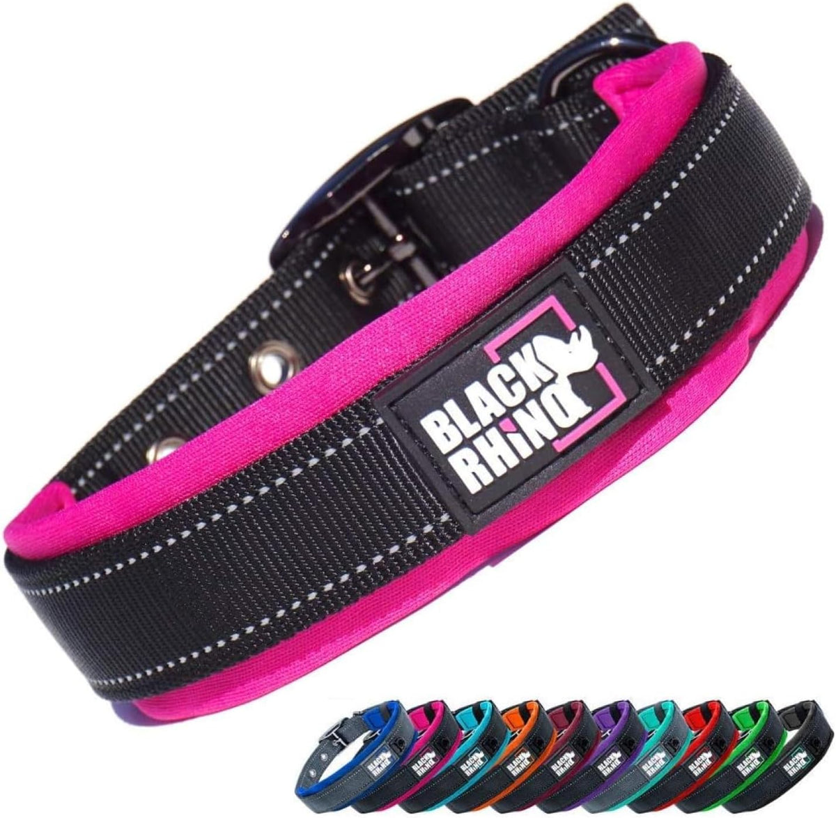 Black and pink dog collar with 'Black Rhino' branding on a white background.