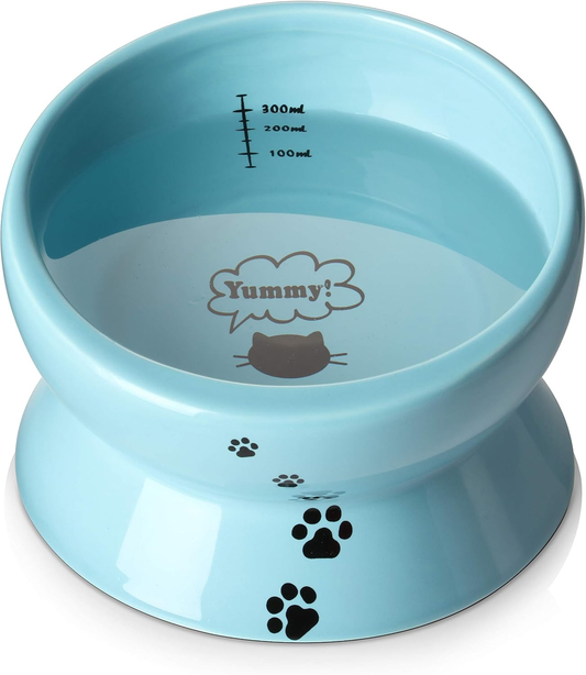 Ergonomic slanted ceramic cat bowl in lake blue, 15 oz