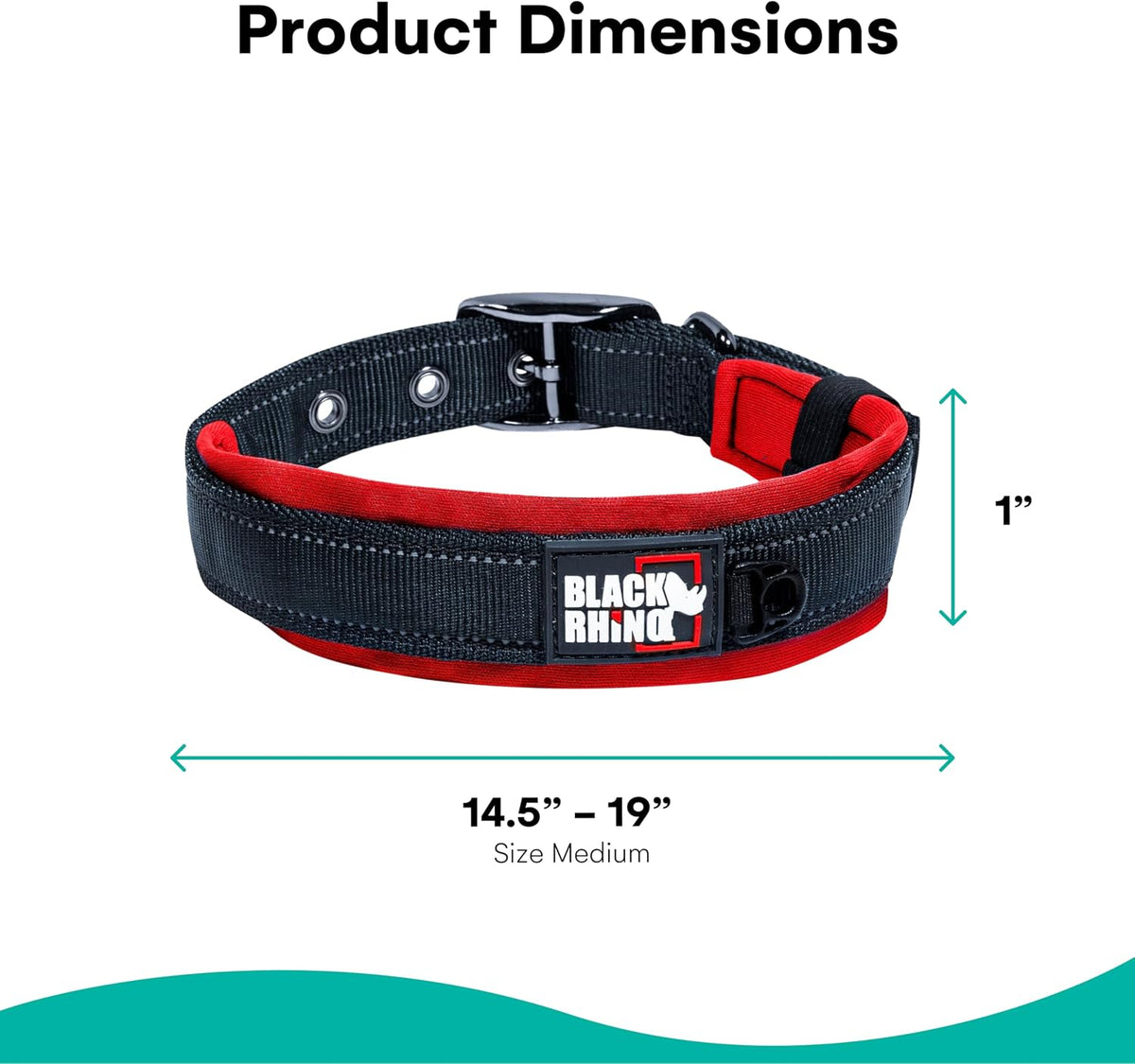 A dog collar shown on a white background with dimension arrows and text indicating a width of 14.5" - 19" and a height of 1".
