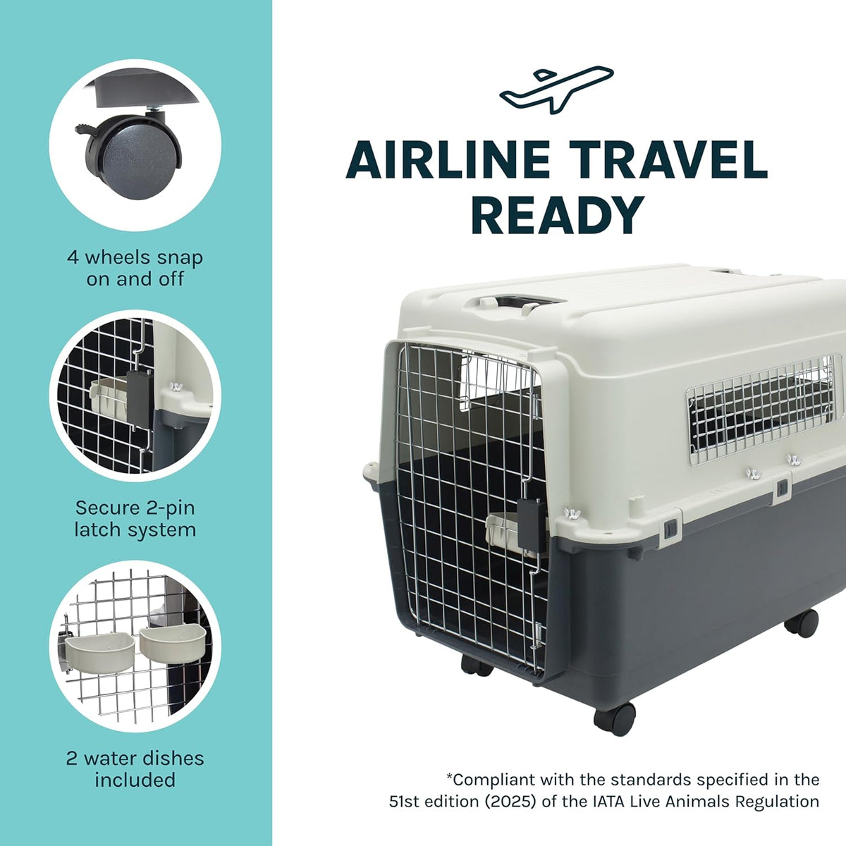 Pet travel crate with features highlighted on a teal and white background