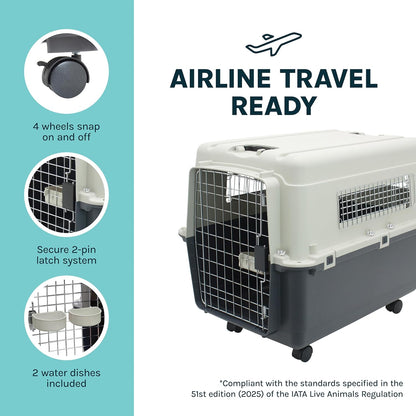 Pet travel crate with features highlighted on a teal and white background