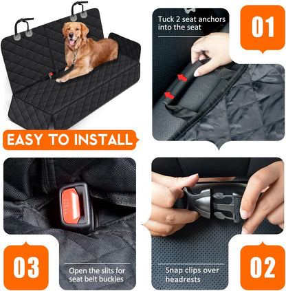 Dog car seat cover with installation instructions on a white background