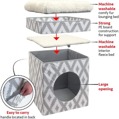 White folding cat cube bed and ottoman for indoor cats