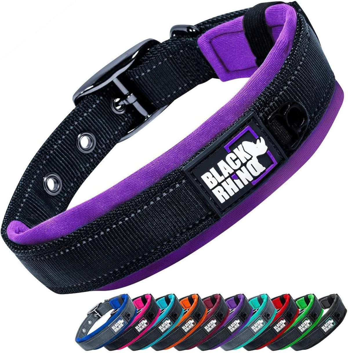 Black and purple dog collar with 'Black Rhino' branding, displayed with color options below on a white background.