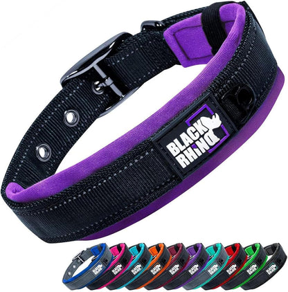 Black and purple dog collar with 'Black Rhino' branding, displayed with color options below on a white background.