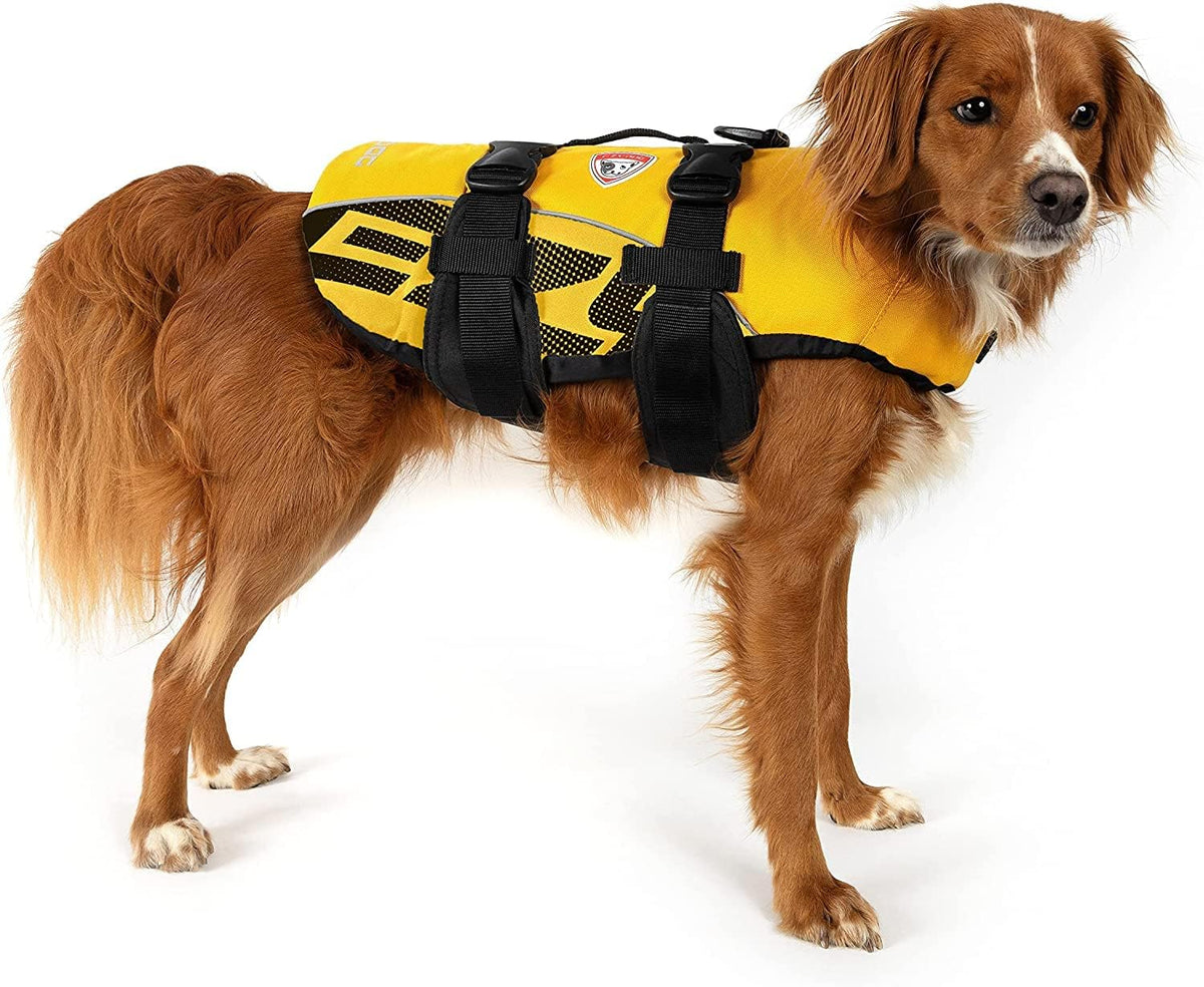 Dog wearing a yellow life jacket on a white background