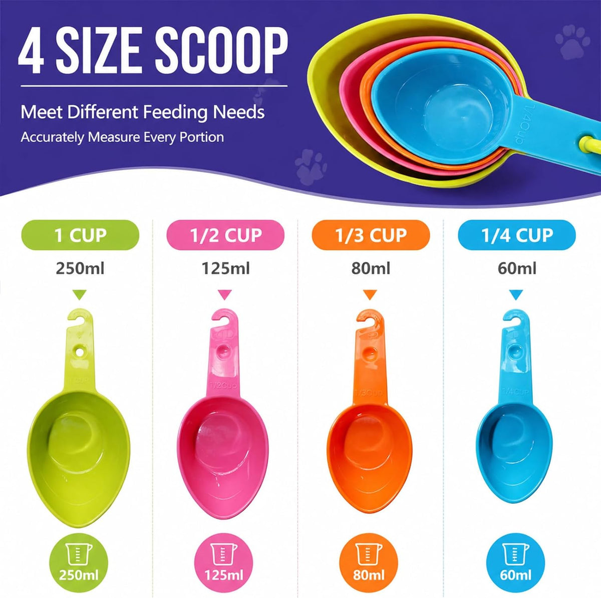 Stackable measuring scoops for dog and cat food