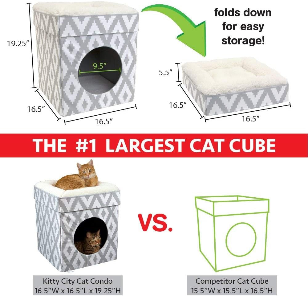 White 2-in-1 cat cube showing dimensions and storage