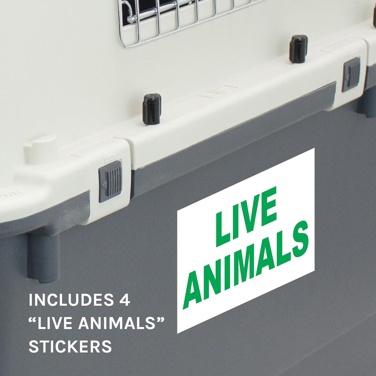 Container with 'Live Animals' sign and text indicating included stickers.