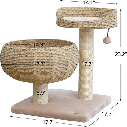 Cat tree with dimensions labeled on a white background