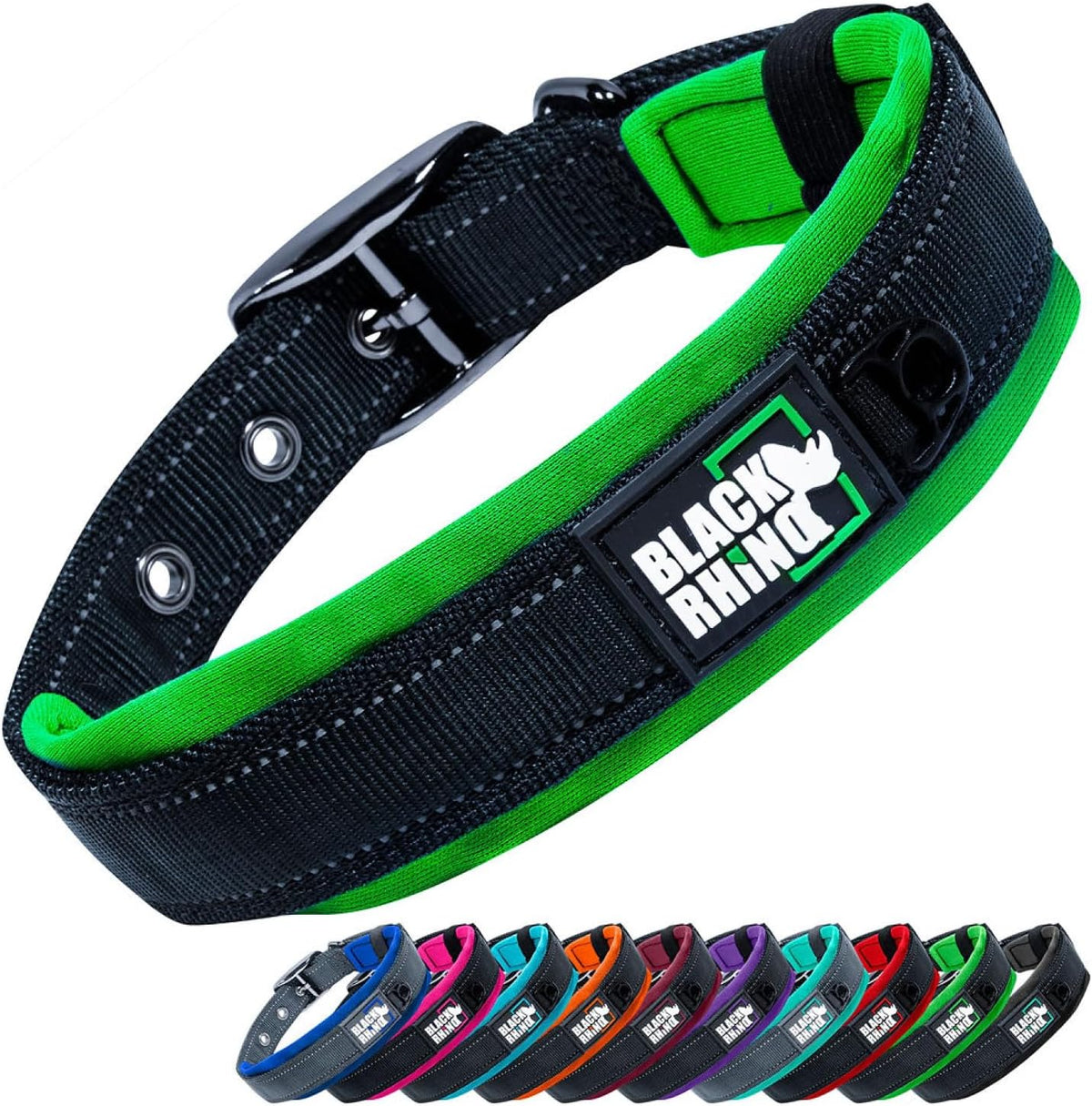 Black and green dog collar with 'Black Rhino' branding, displayed with color options below on a white background.