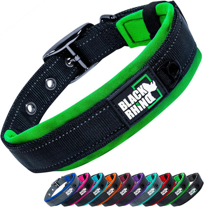 Black and green dog collar with 'Black Rhino' branding, displayed with color options below on a white background.